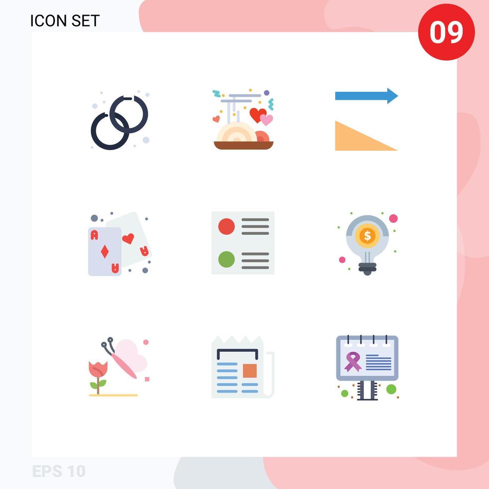 Mobile Interface Flat Color Set of 9 Pictograms of idea list descending play fun Editable Vector Design Elements