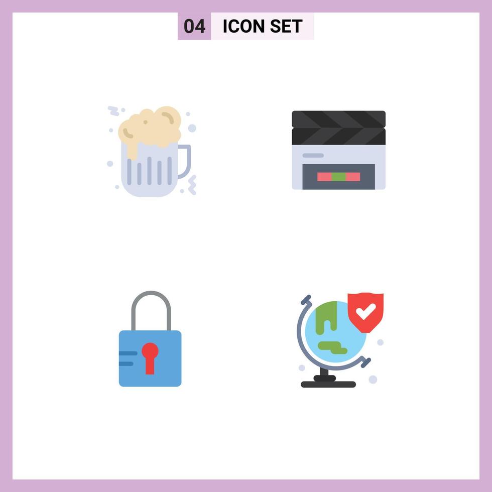 Set of 4 Vector Flat Icons on Grid for beer school clapboard film flap insurance Editable Vector Design Elements