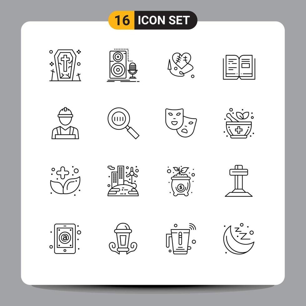 conjunto de 16 iconos de interfaz de usuario modernos signos de símbolos para elementos de diseño de vector editables de libro de conocimiento de sonido de texto de constructor