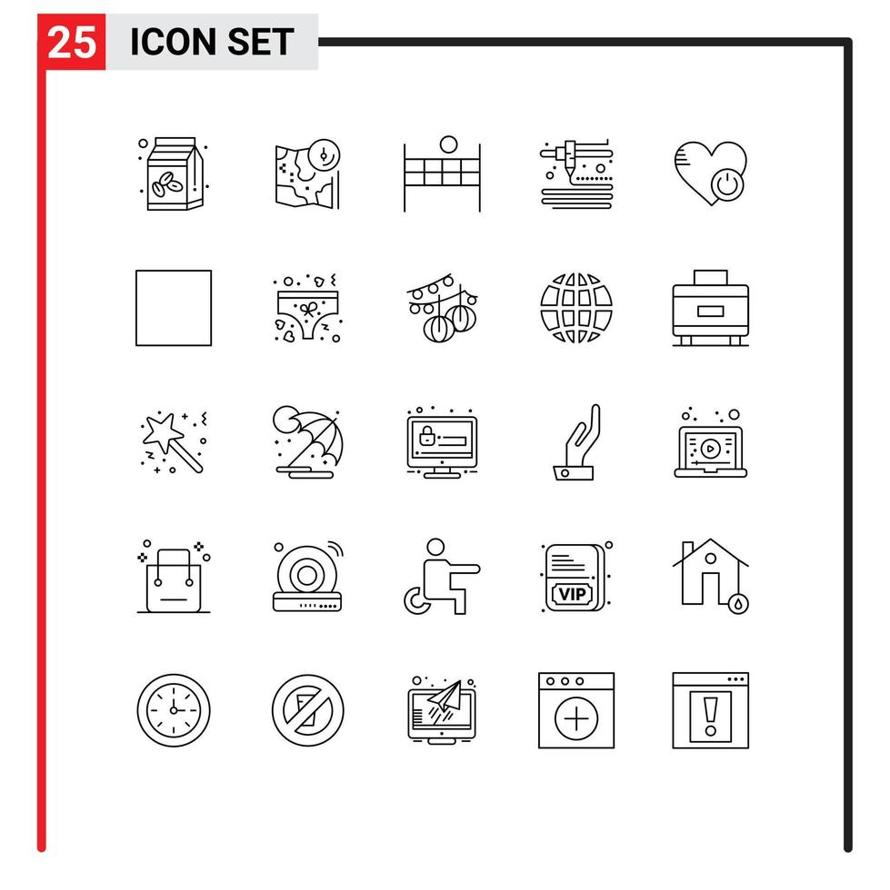 Pictogram Set of 25 Simple Lines of heart off location shutdown modeling Editable Vector Design Elements