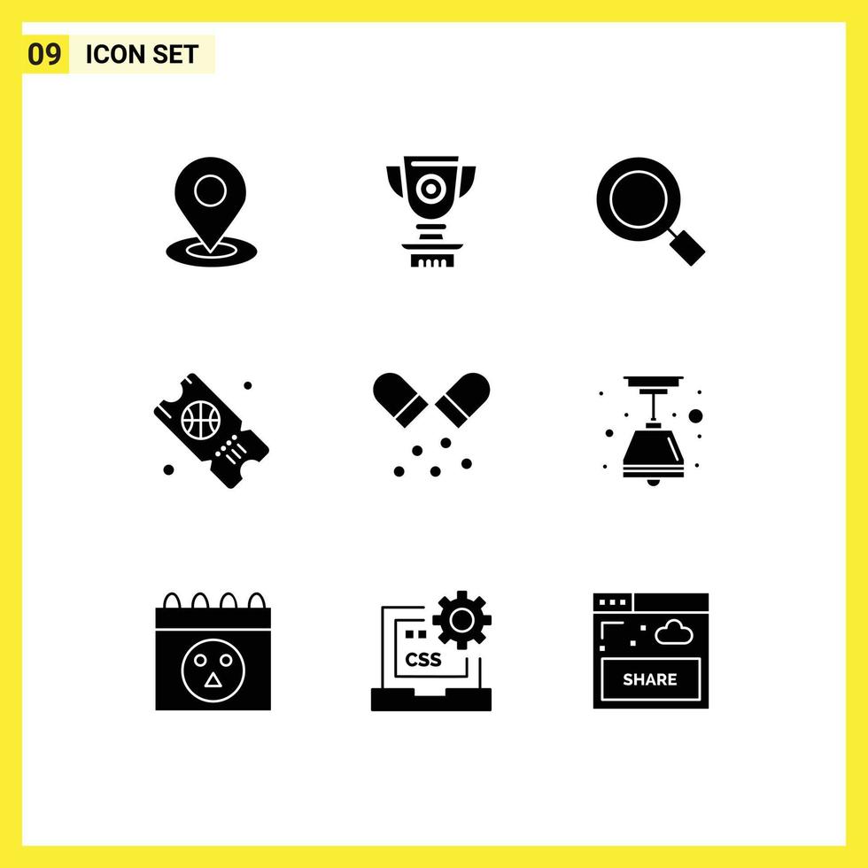 Modern Set of 9 Solid Glyphs Pictograph of medication ticket reward sport search Editable Vector Design Elements