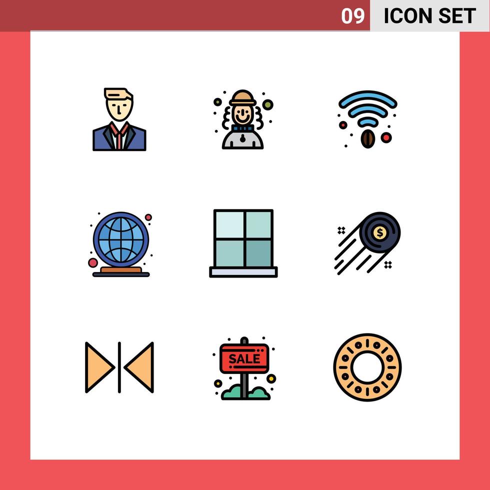 Group of 9 Modern Filledline Flat Colors Set for door market place hat worldwide earth Editable Vector Design Elements