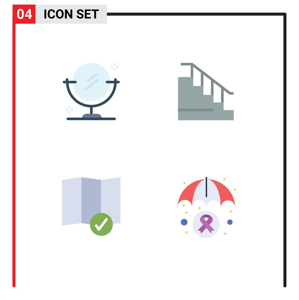 Pack of 4 Modern Flat Icons Signs and Symbols for Web Print Media such as mirror map construction stair insurance Editable Vector Design Elements