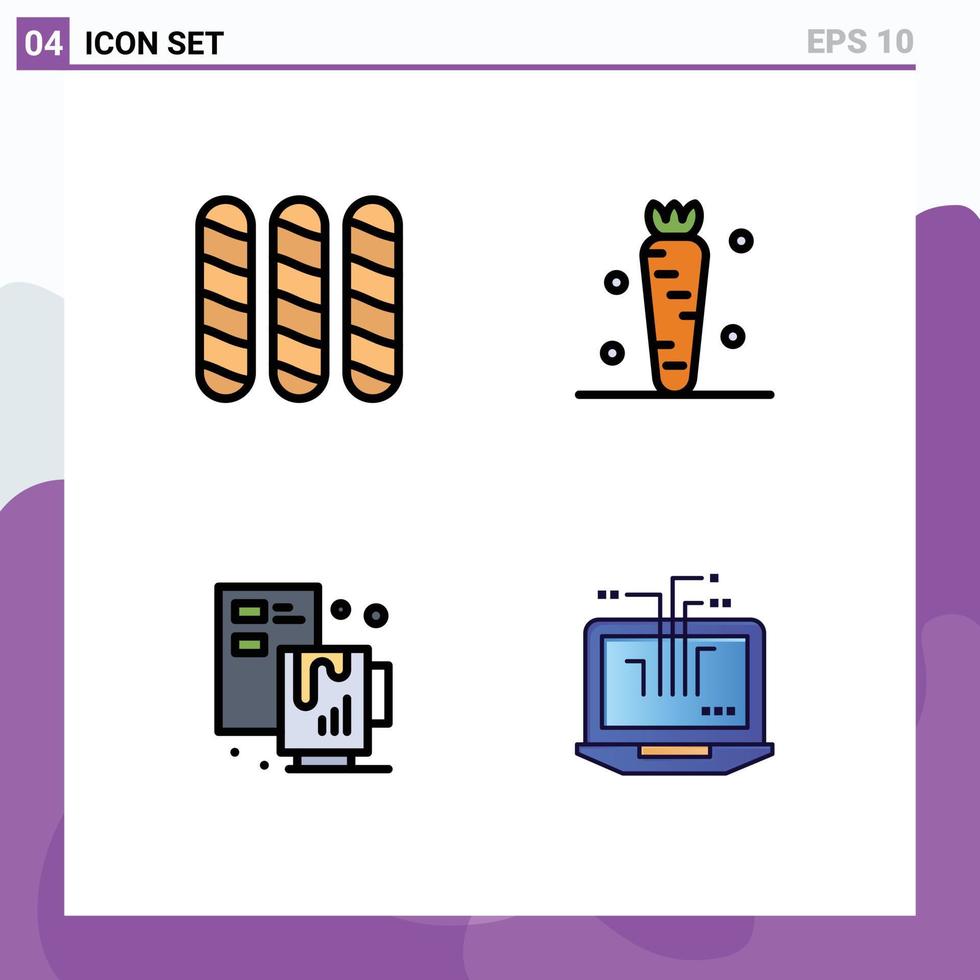 User Interface Pack of 4 Basic Filledline Flat Colors of bread process carrot veg file Editable Vector Design Elements