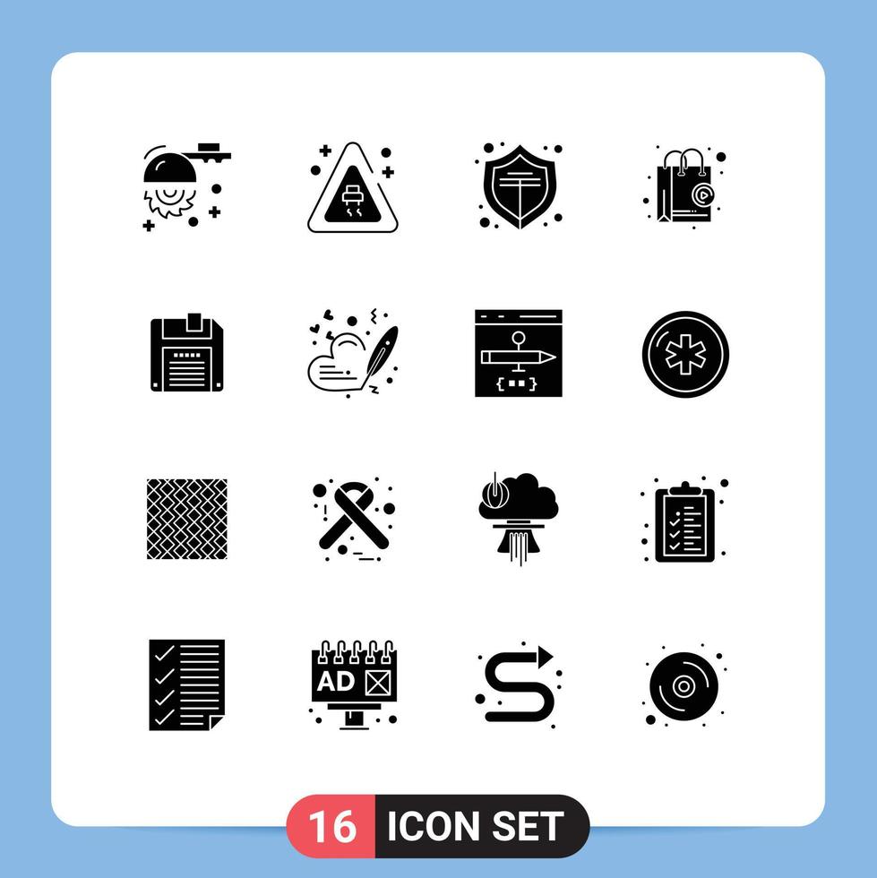 16 Universal Solid Glyph Signs Symbols of heart diskette protect floppy shop Editable Vector Design Elements