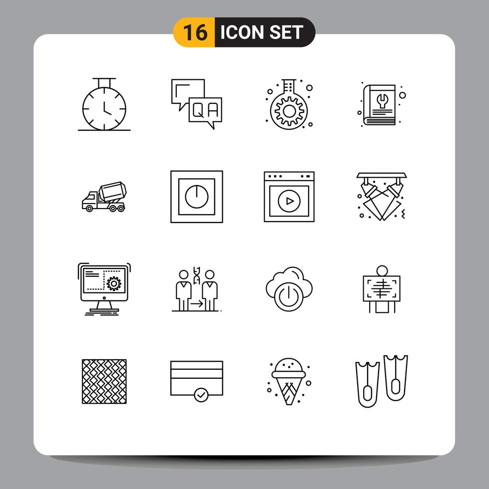 Set of 16 Vector Outlines on Grid for construction truck gear tool repair Editable Vector Design Elements