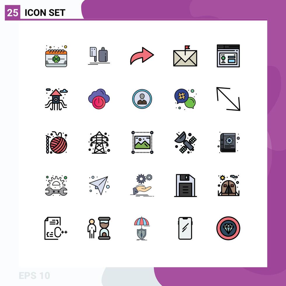 25 Universal Filled line Flat Colors Set for Web and Mobile Applications browser envelope preparation email communication Editable Vector Design Elements