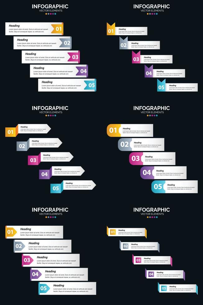 plantilla de diapositiva de presentación del paquete de infografías vectoriales 6 diagramas de ciclo de 5 pasos y líneas de tiempo vector