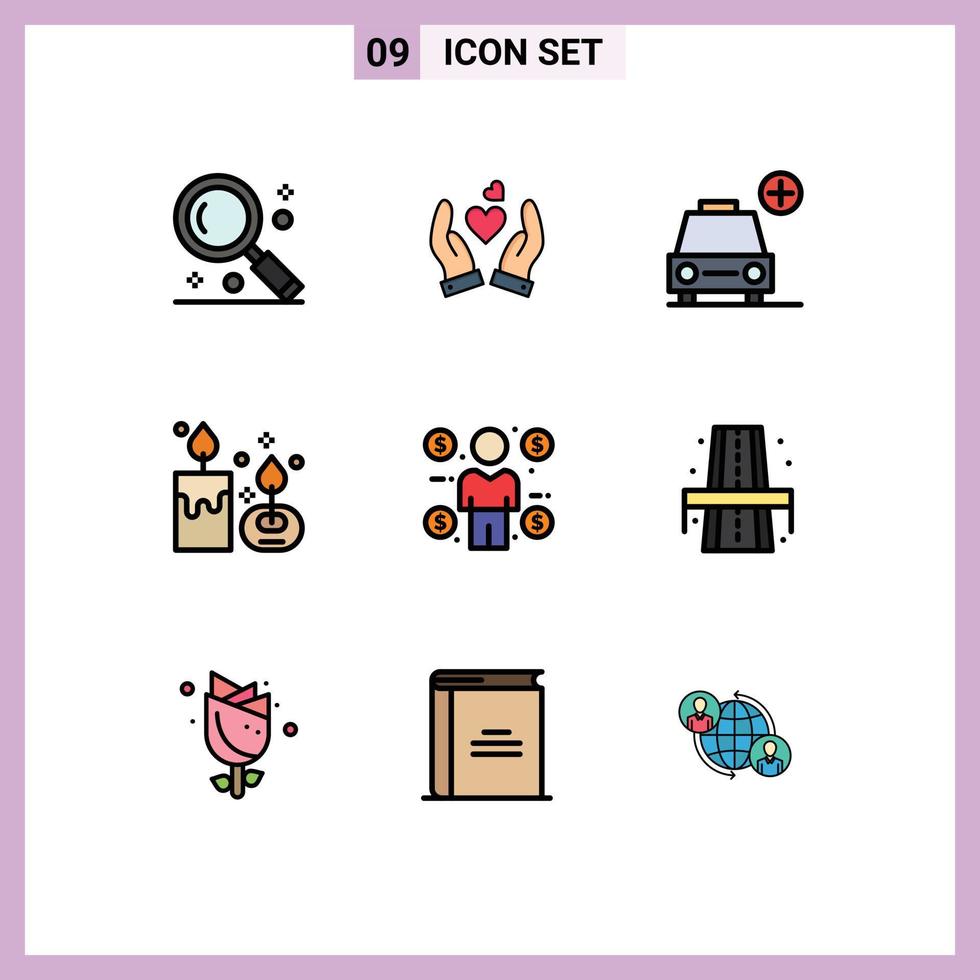 Universal Icon Symbols Group of 9 Modern Filledline Flat Colors of lamp aromatherapy wedding aroma candle vehicles Editable Vector Design Elements