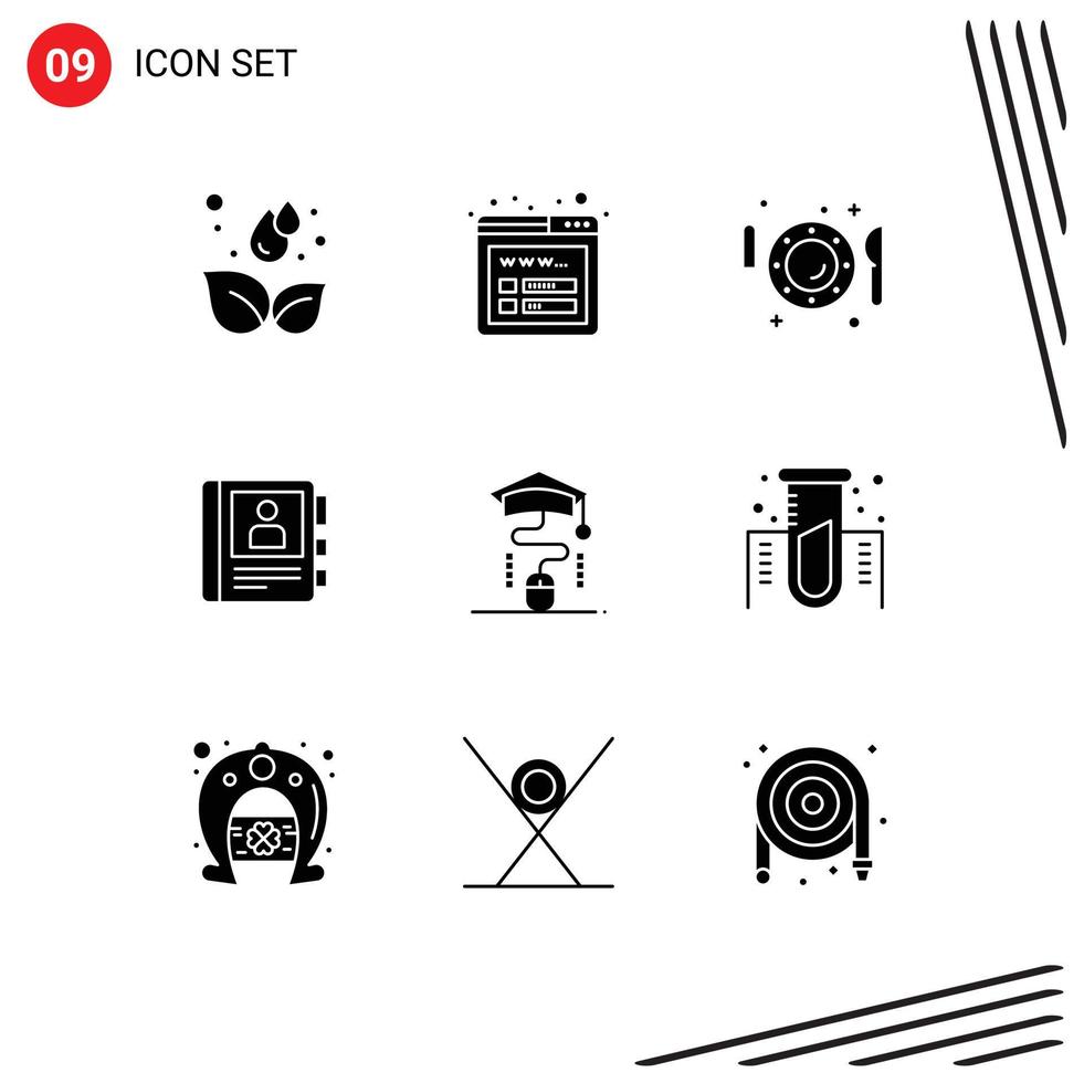 Universal Icon Symbols Group of 9 Modern Solid Glyphs of graduation info plate diary phone Editable Vector Design Elements