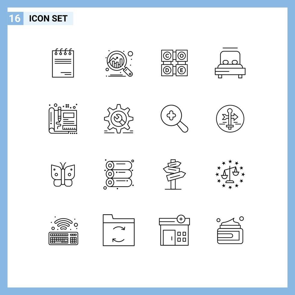 16 Universal Outlines Set for Web and Mobile Applications engineering blueprint learning wedding heart Editable Vector Design Elements