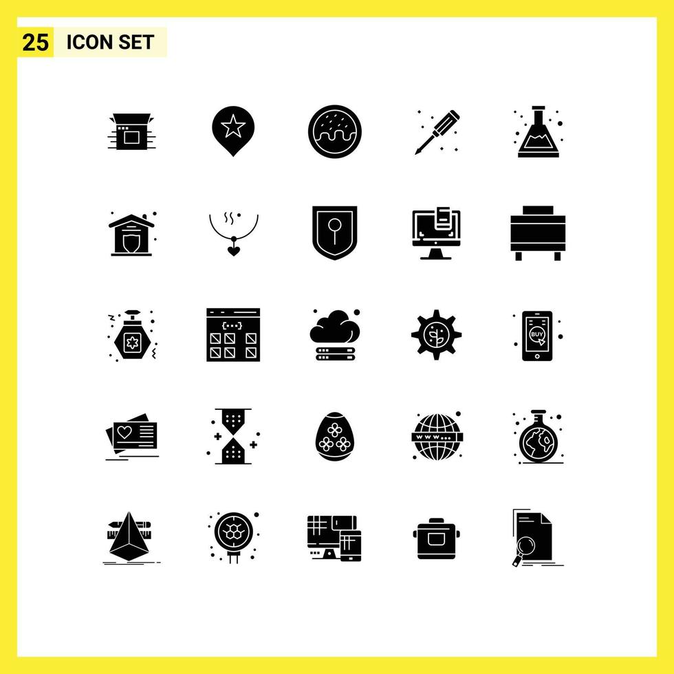 Set of 25 Vector Solid Glyphs on Grid for chemistry acid dessert screwdriver plumber Editable Vector Design Elements