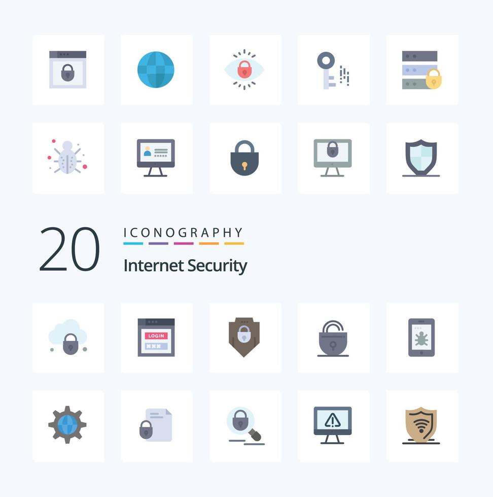 20 Internet Security Flat Color icon Pack like world bug security internet vector