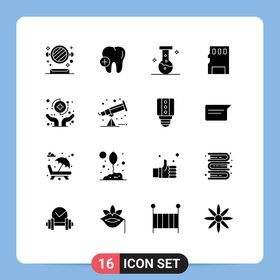 Modern Set of 16 Solid Glyphs and symbols such as insurance health lab hands memory card Editable Vector Design Elements