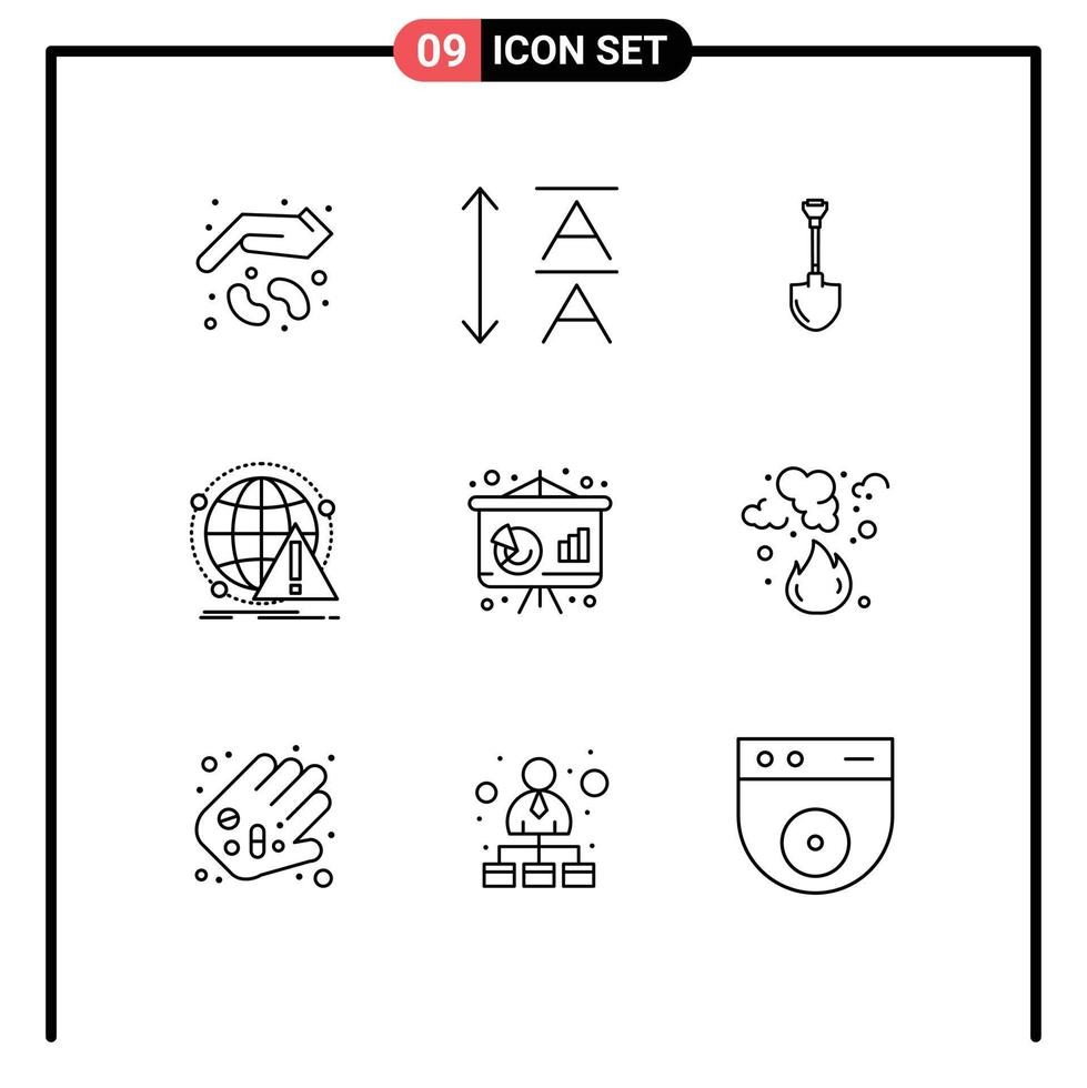 9 Universal Outlines Set for Web and Mobile Applications business computer shovel attack alert Editable Vector Design Elements