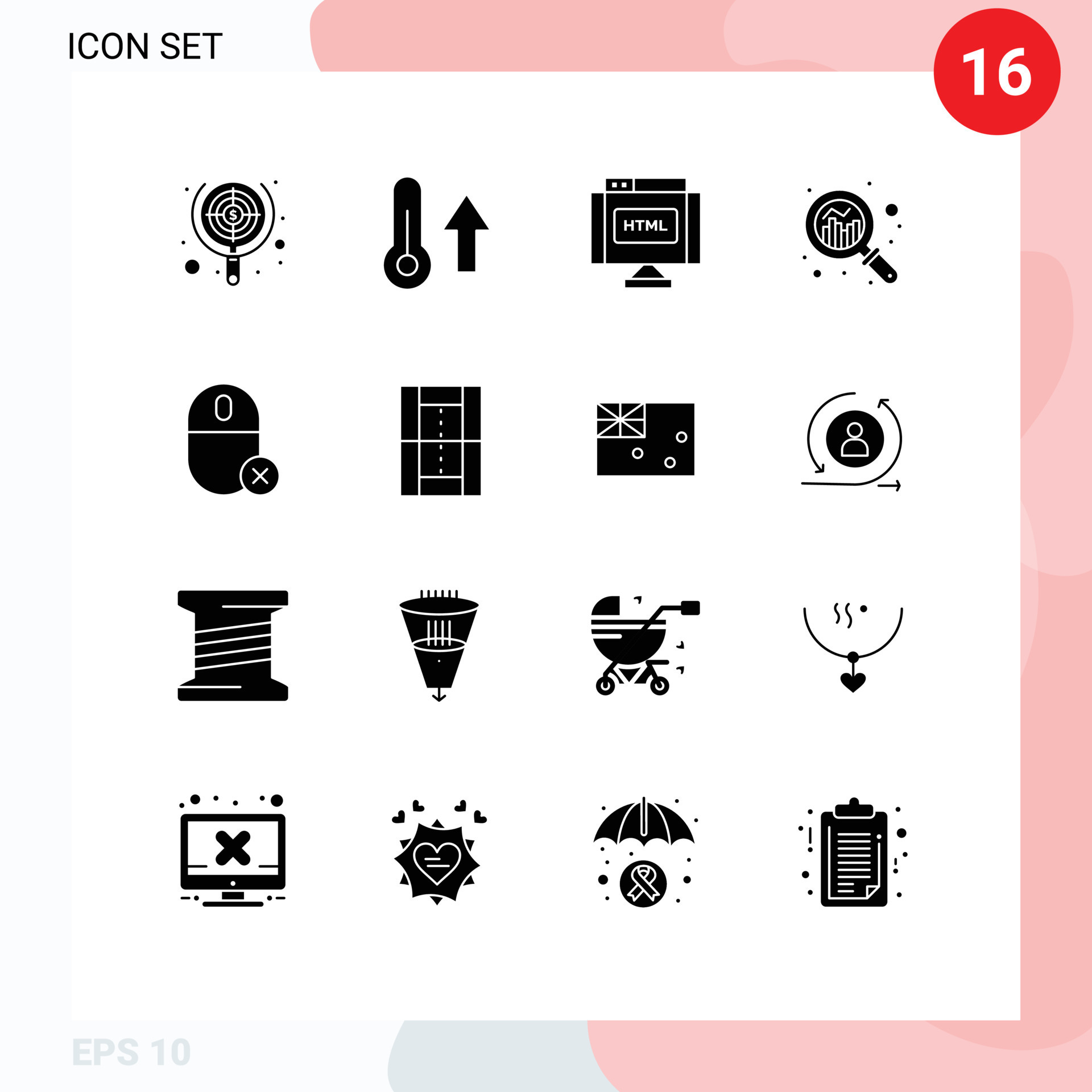 Modern Set of 16 Solid Glyphs and symbols such as graph growth