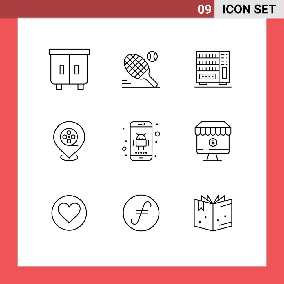 Pictogram Set of 9 Simple Outlines of app android furniture films cinema Editable Vector Design Elements