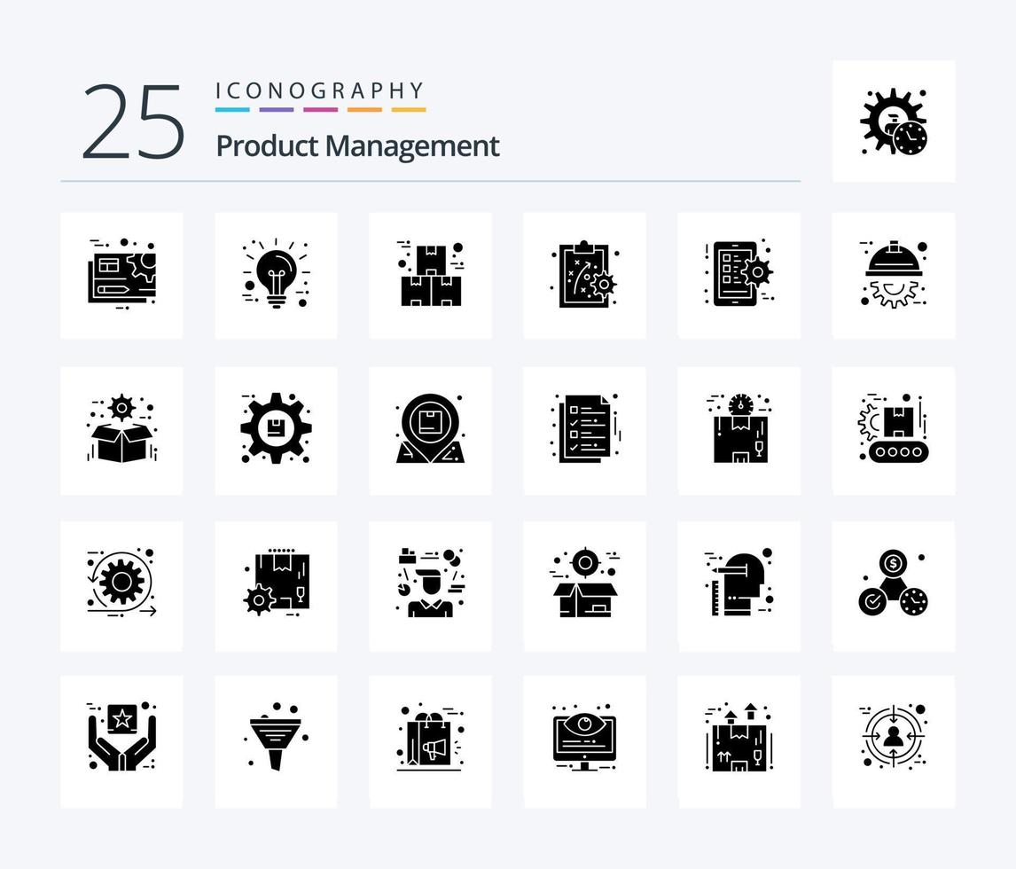 Product Management 25 Solid Glyph icon pack including gear. performance method. technology. performance management. product vector