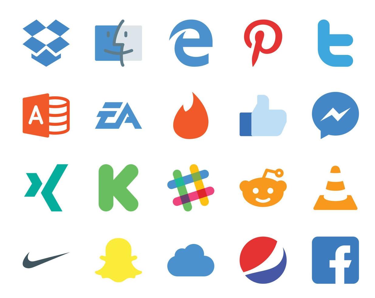 Paquete de 20 íconos de redes sociales que incluye reddit slack ea kickstarter messenger vector