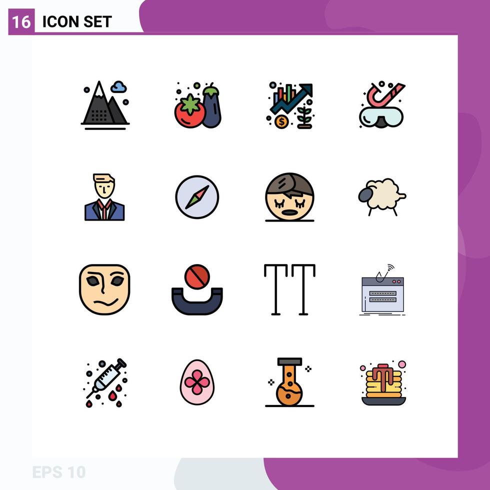 Universal Icon Symbols Group of 16 Modern Flat Color Filled Lines of boss snorkeling chart goggles up Editable Creative Vector Design Elements