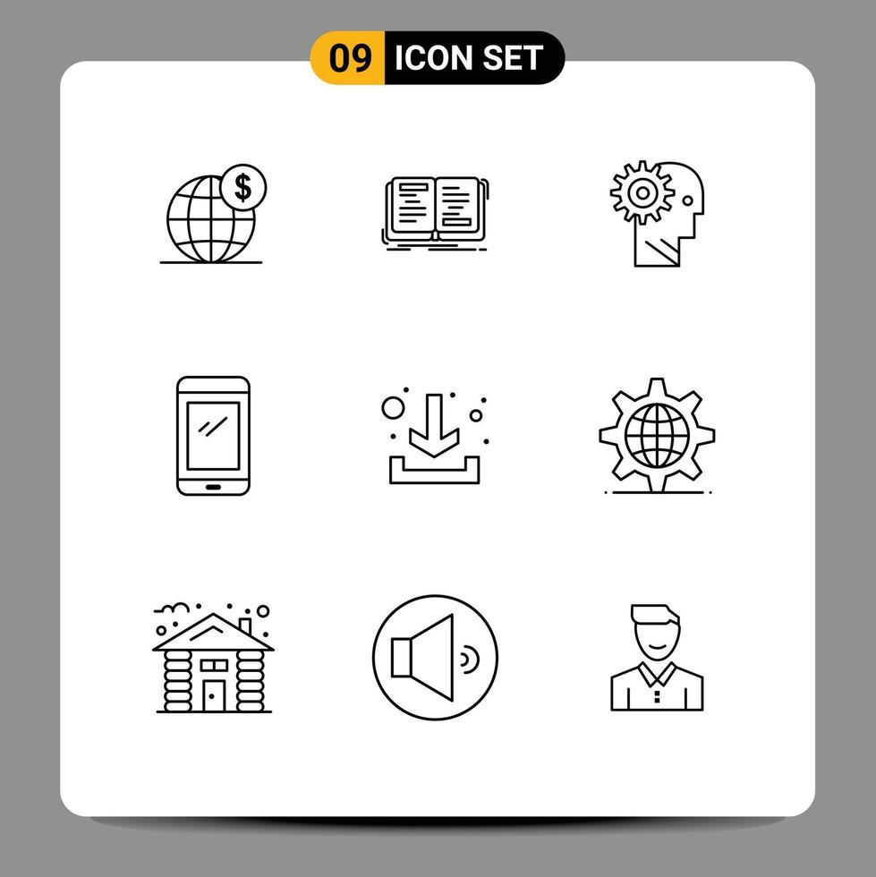 Mobile Interface Outline Set of 9 Pictograms of phone personal writing mechanism gear Editable Vector Design Elements