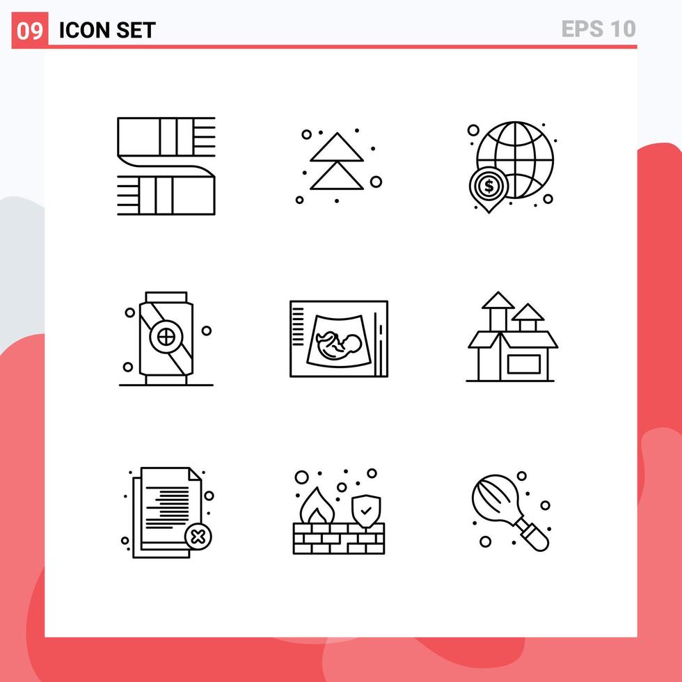 Mobile Interface Outline Set of 9 Pictograms of pregnancy soft dollar food world Editable Vector Design Elements