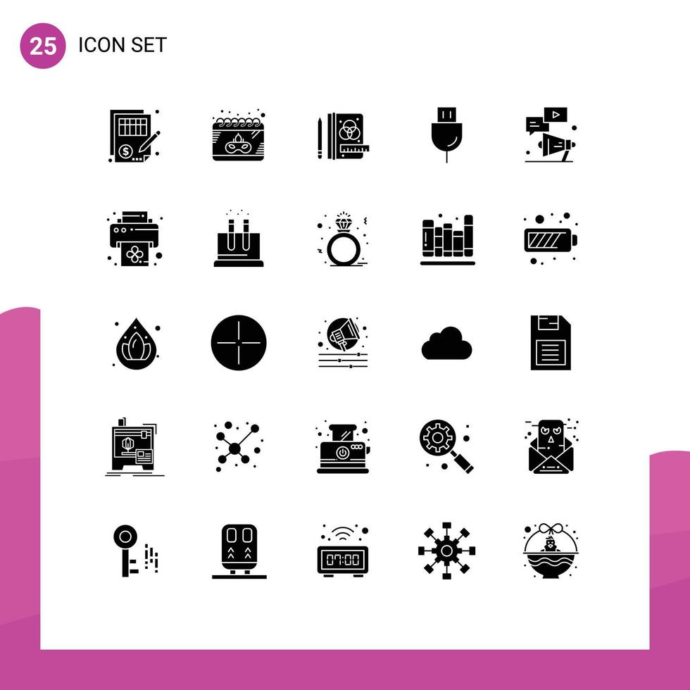 Paquete de glifos sólidos de interfaz de usuario de 25 de signos y símbolos modernos de productos de megáfono dispositivos de enchufe gras elementos de diseño vectorial editables vector