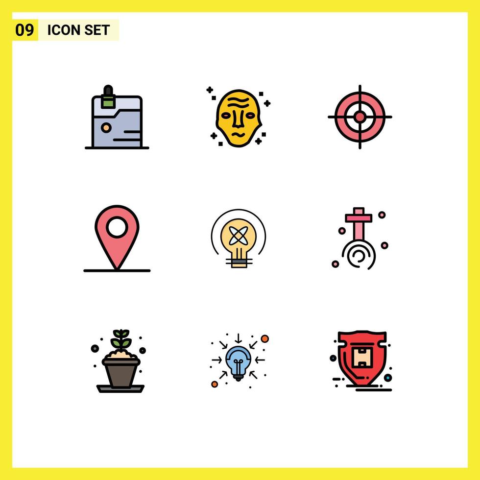 Pack of 9 Modern Filledline Flat Colors Signs and Symbols for Web Print Media such as education light ufo bulb location Editable Vector Design Elements
