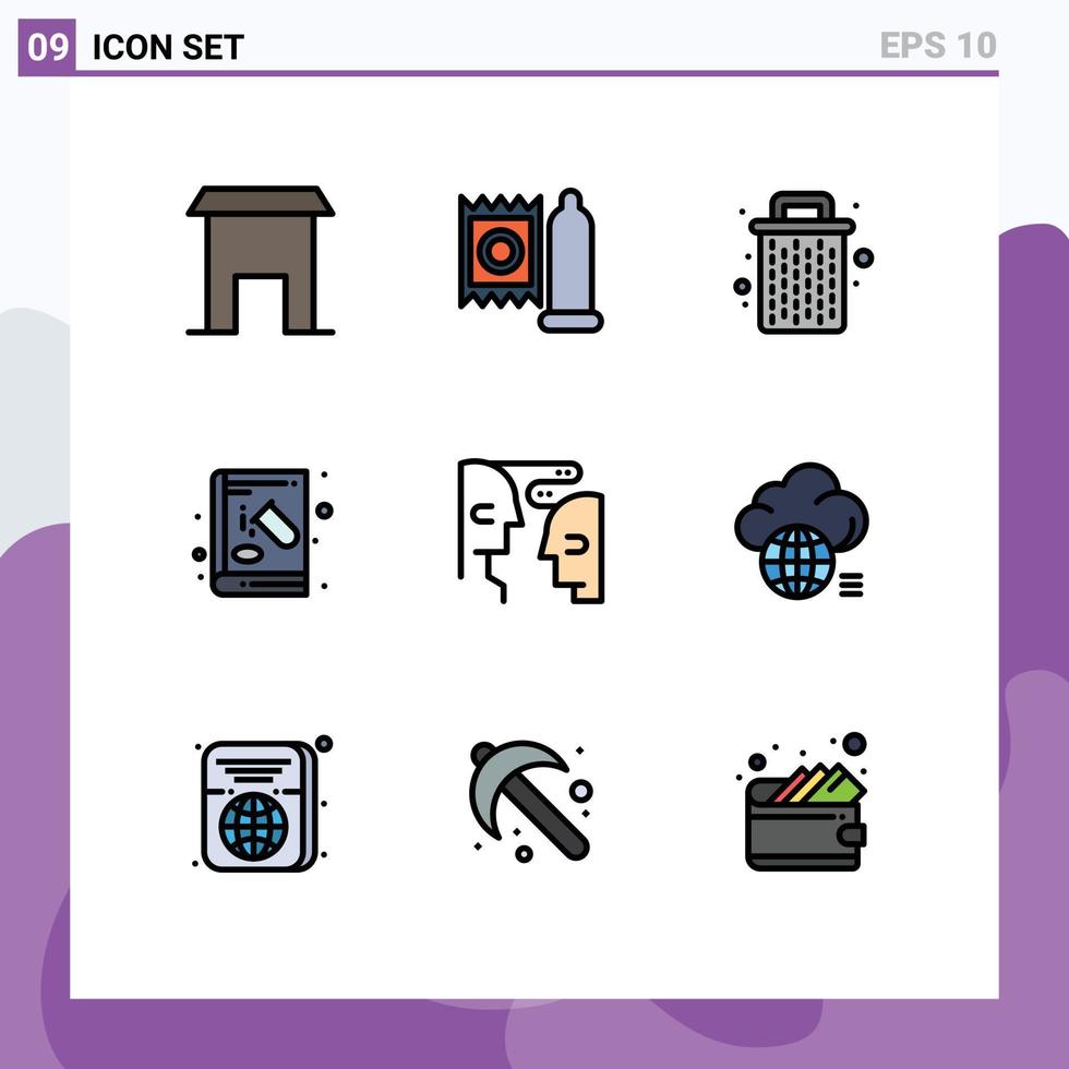 Pictogram Set of 9 Simple Filledline Flat Colors of brain education basket chemistry book Editable Vector Design Elements