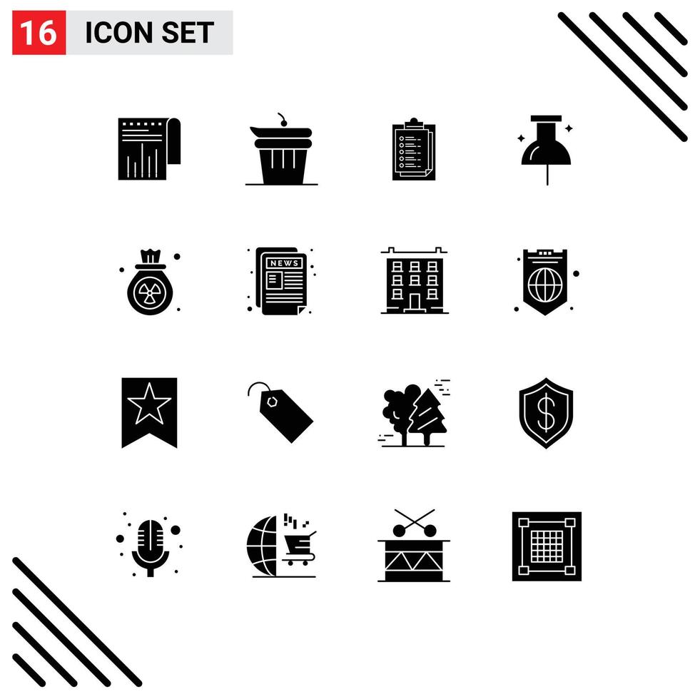 16 Universal Solid Glyph Signs Symbols of trash gas notepad pin location Editable Vector Design Elements