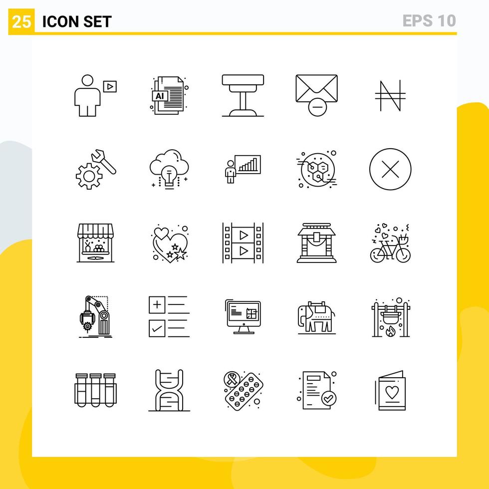 Pack of 25 Modern Lines Signs and Symbols for Web Print Media such as naira message decor mail table Editable Vector Design Elements