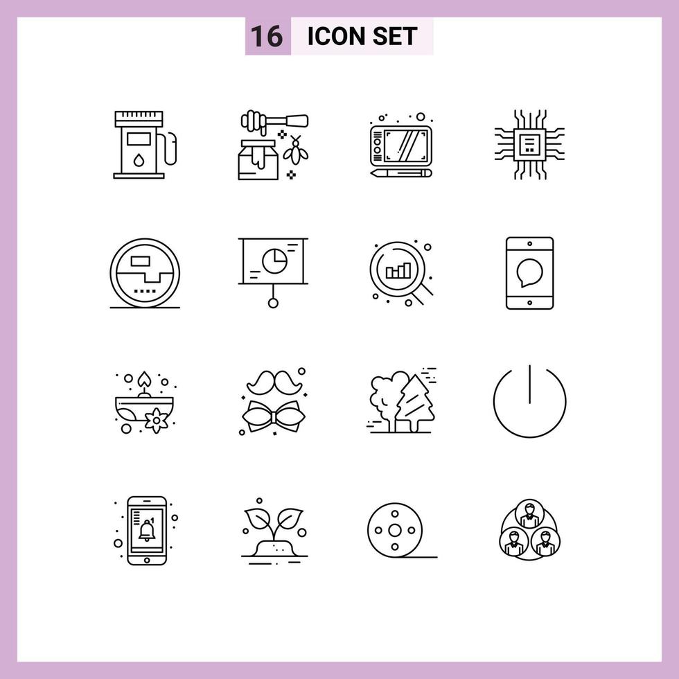 Modern Set of 16 Outlines Pictograph of energy construction and tools design technology cpu Editable Vector Design Elements