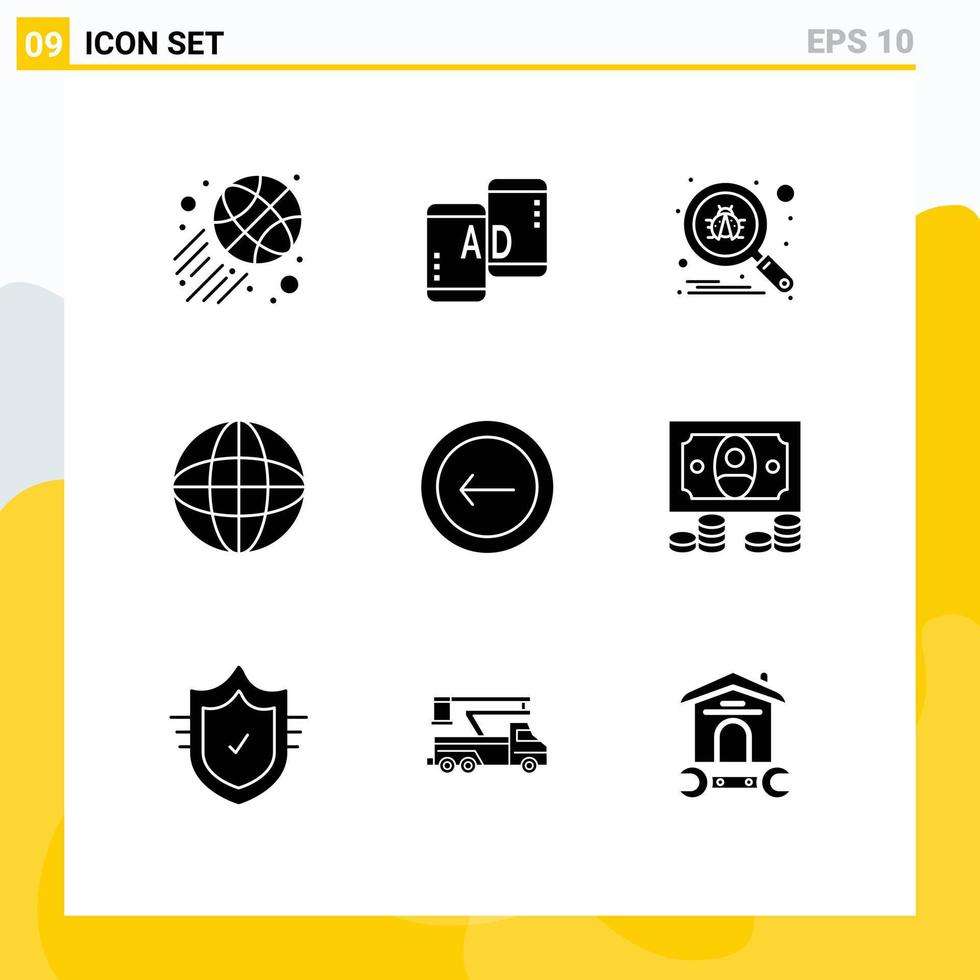Modern Set of 9 Solid Glyphs Pictograph of back globe scan equipment devices Editable Vector Design Elements