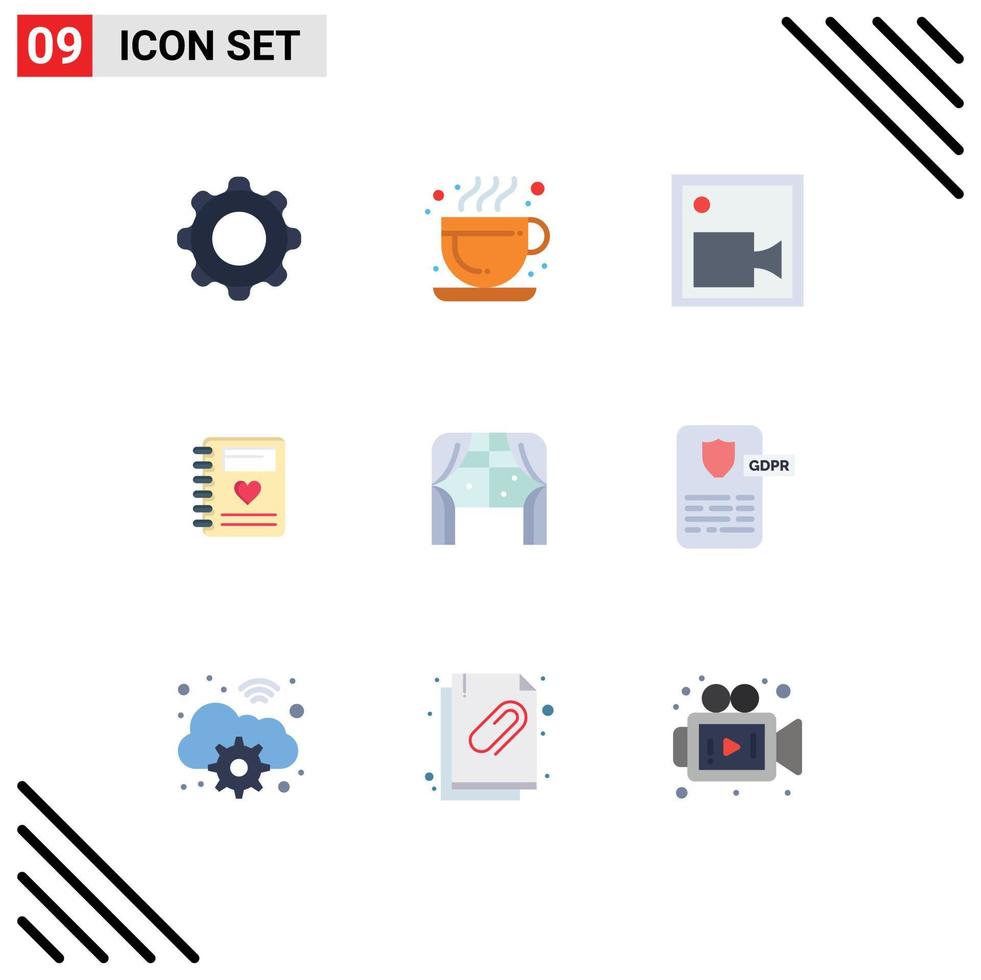 Mobile Interface Flat Color Set of 9 Pictograms of home wedding cam heart notebook Editable Vector Design Elements