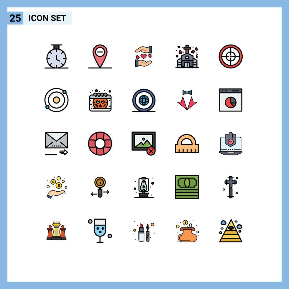 Group of 25 Modern Filled line Flat Colors Set for structure atom chapel military army Editable Vector Design Elements