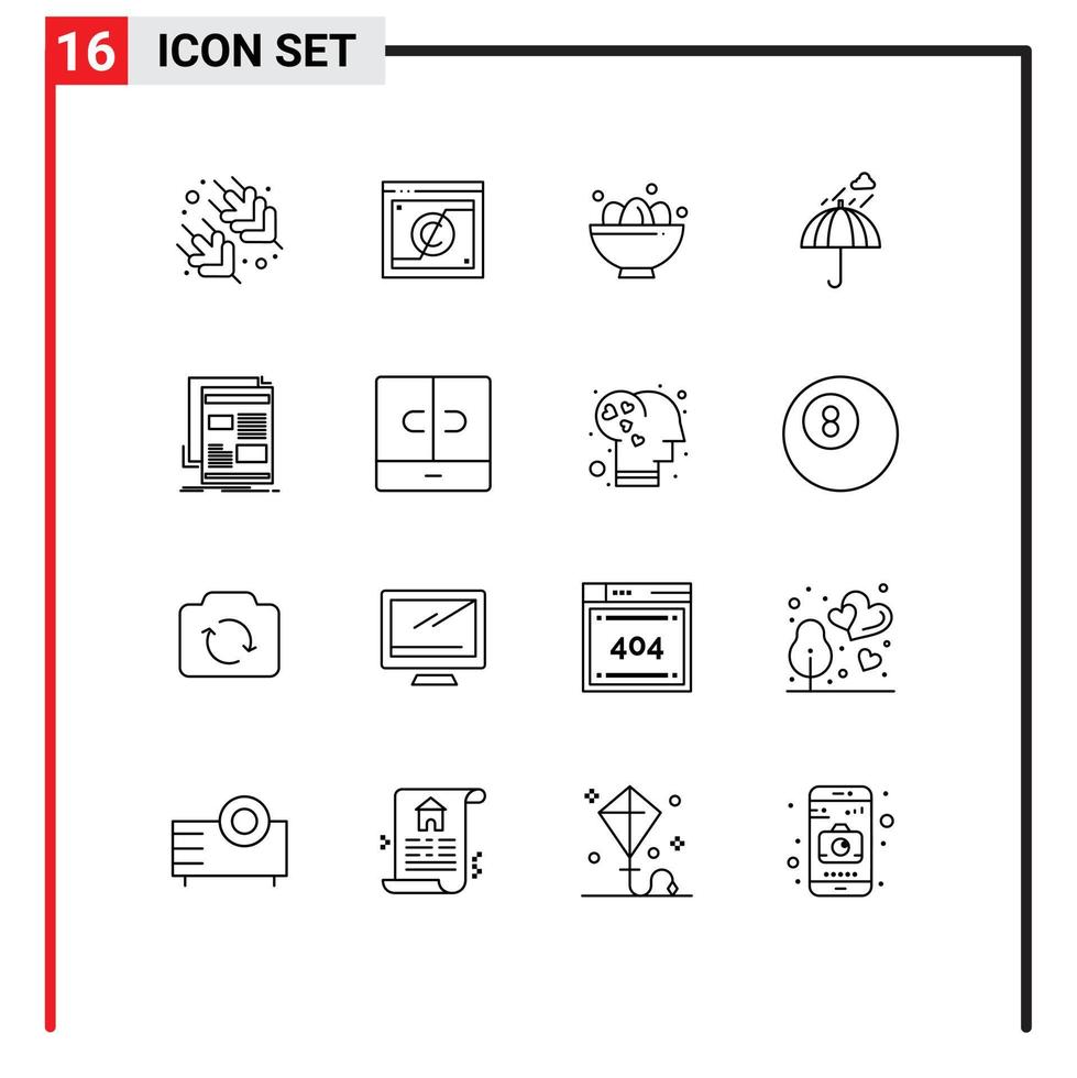 Universal Icon Symbols Group of 16 Modern Outlines of weather rain bowl camping nest Editable Vector Design Elements