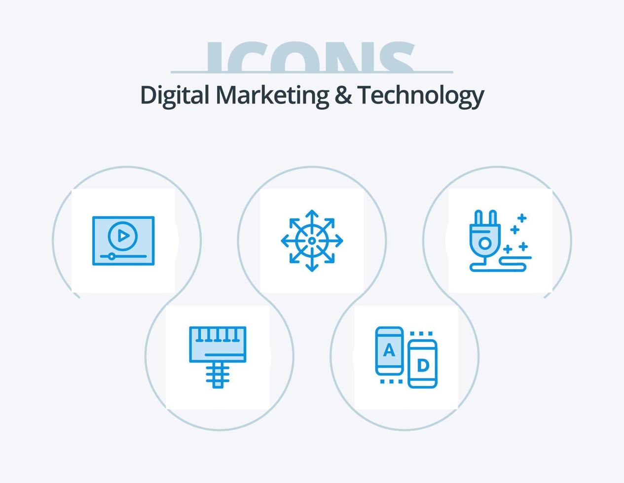marketing digital y tecnología blue icon pack 5 diseño de iconos. enchufar. Noticias. video. medios de comunicación. anuncios vector