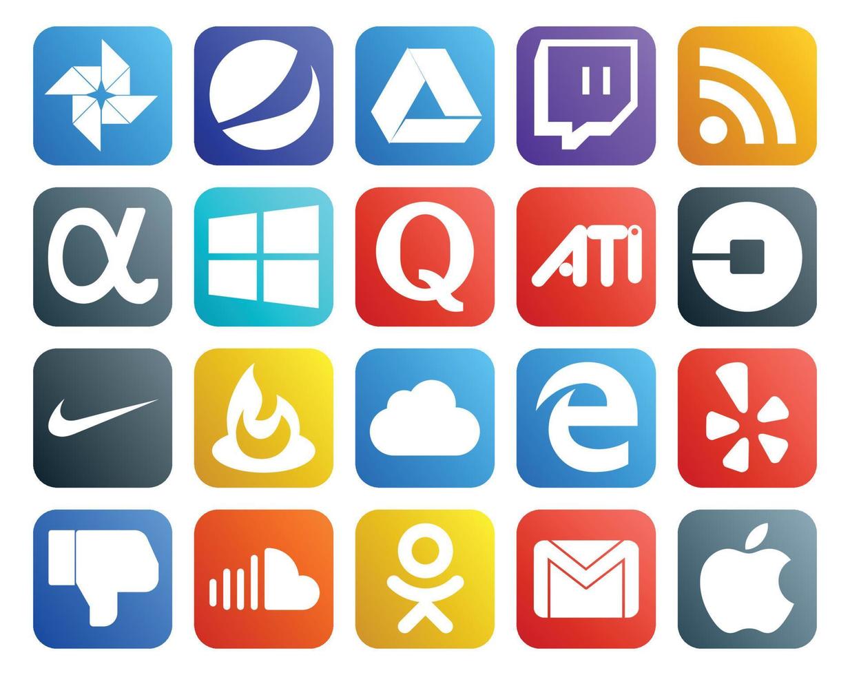 20 Social Media Icon Pack Including yelp icloud question feedburner driver vector