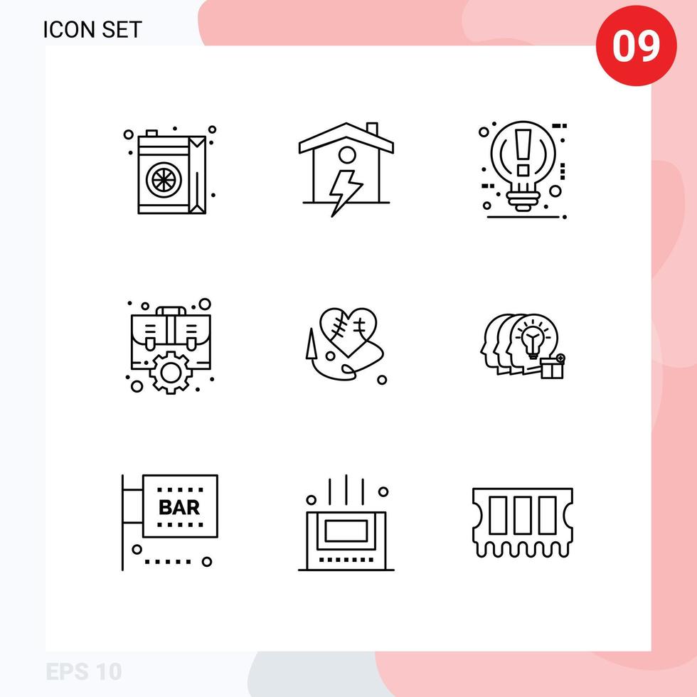 Pictogram Set of 9 Simple Outlines of strategic office bulb management pause Editable Vector Design Elements