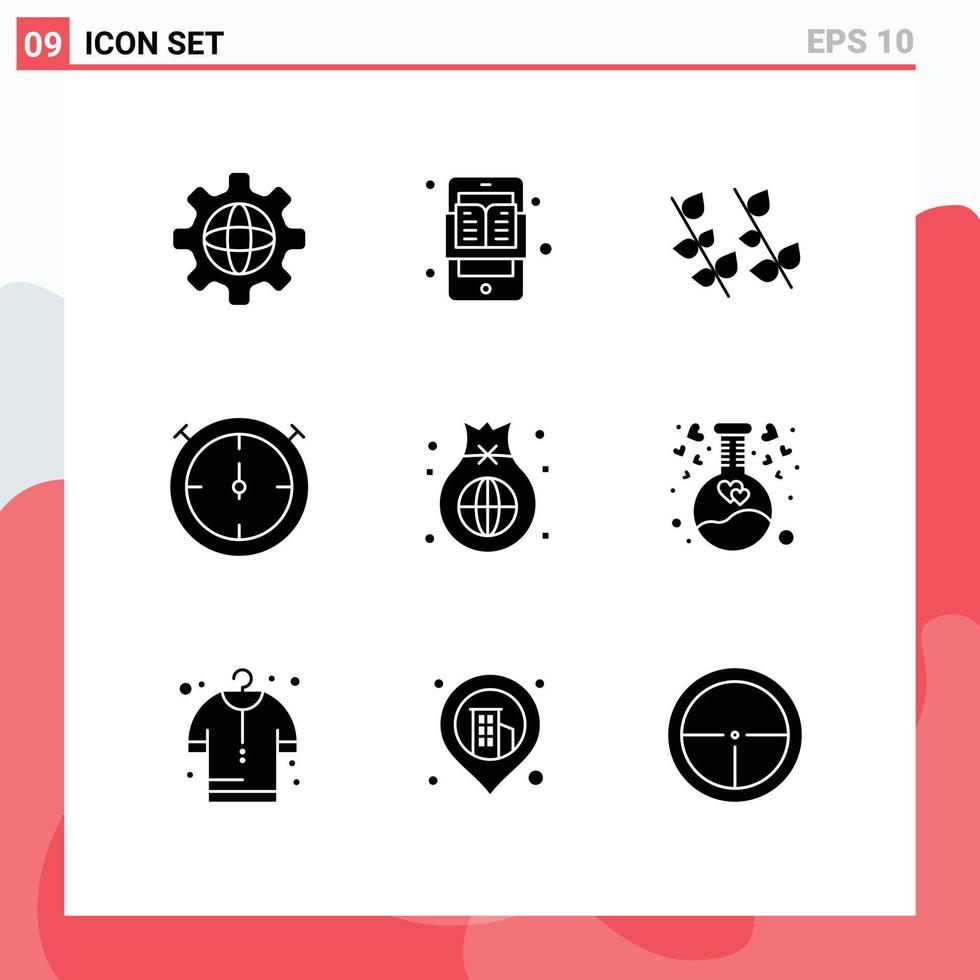 Mobile Interface Solid Glyph Set of 9 Pictograms of global business ecology bag stopwatch Editable Vector Design Elements