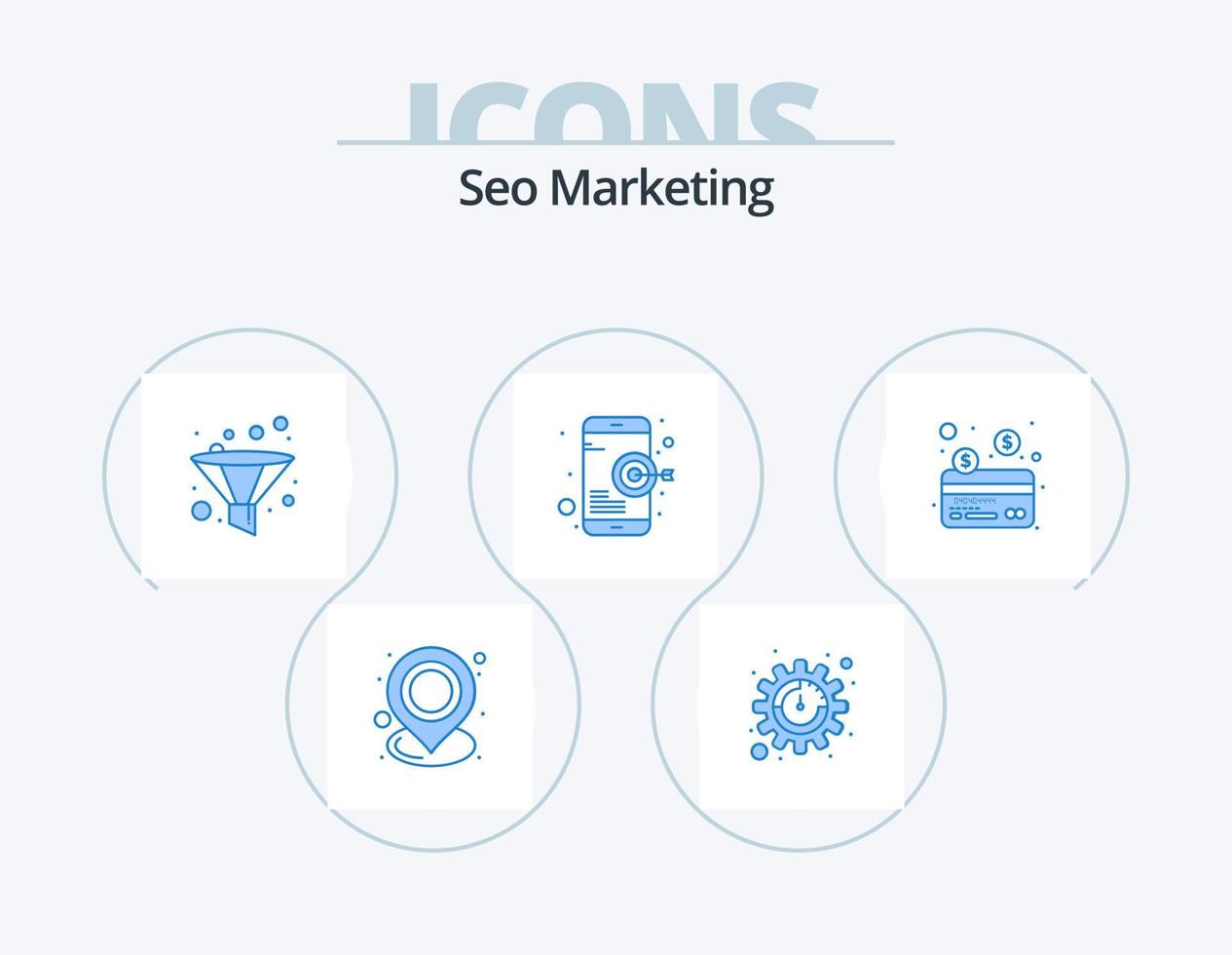 seo marketing blue icon pack 5 diseño de iconos. pago. tarjeta. análisis. móvil. posicionamiento web vector