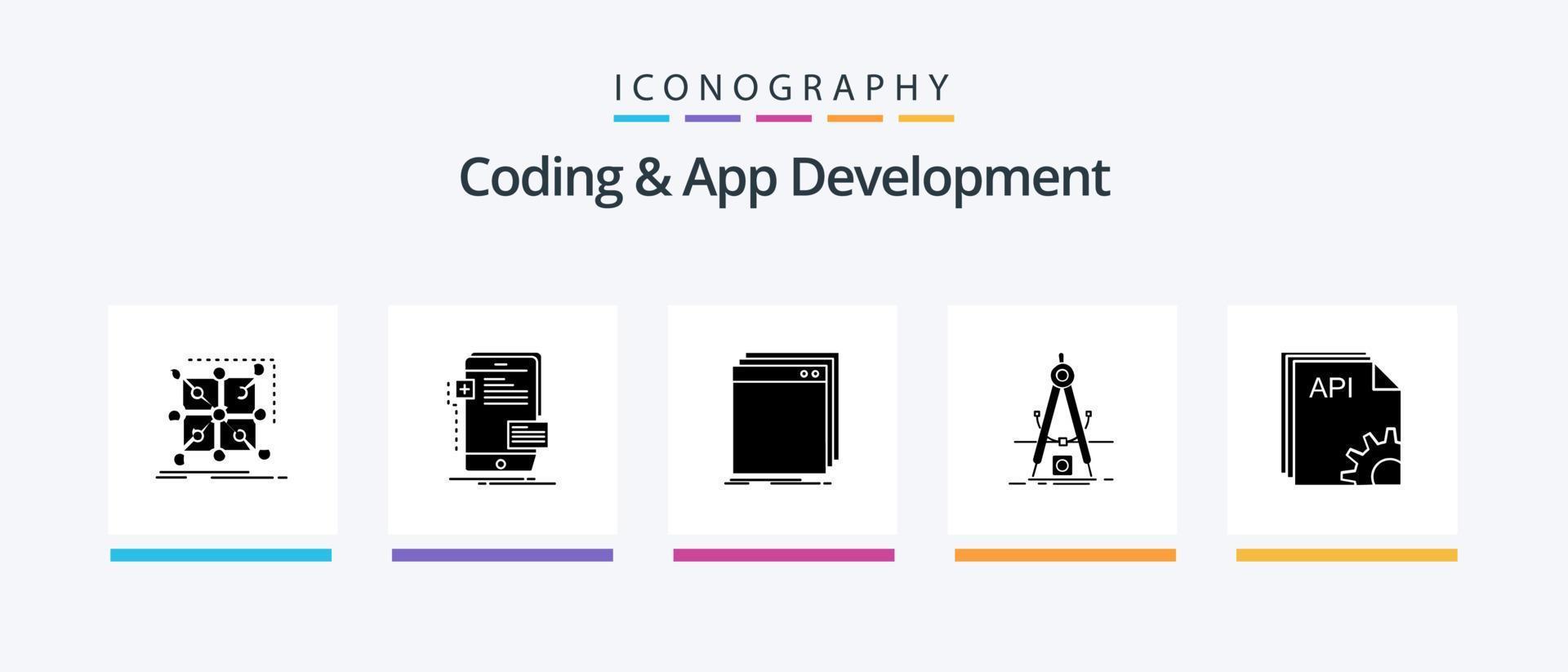 Coding And App Development Glyph 5 Icon Pack Including product. design. phone. program. application. Creative Icons Design vector