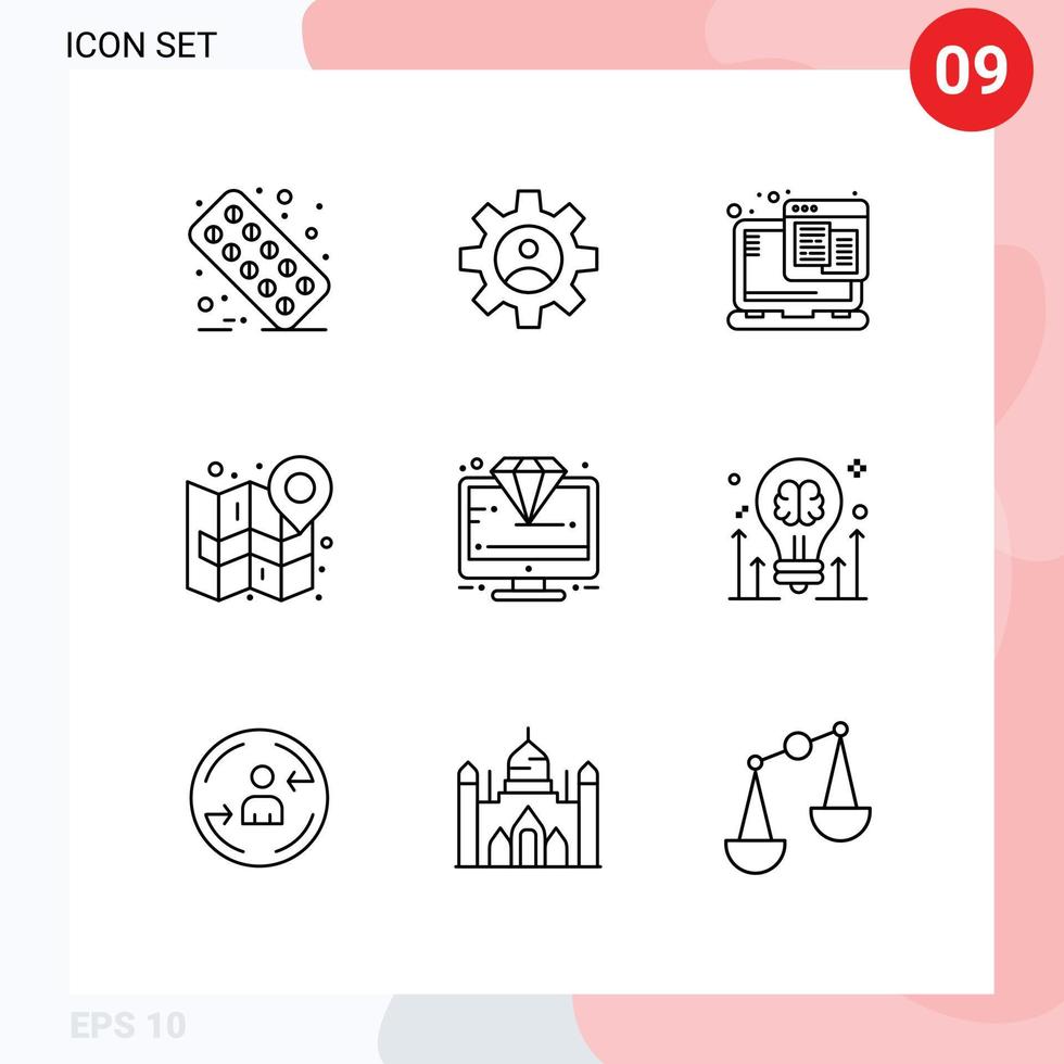 Universal Icon Symbols Group of 9 Modern Outlines of diamond navigate technology mark city Editable Vector Design Elements