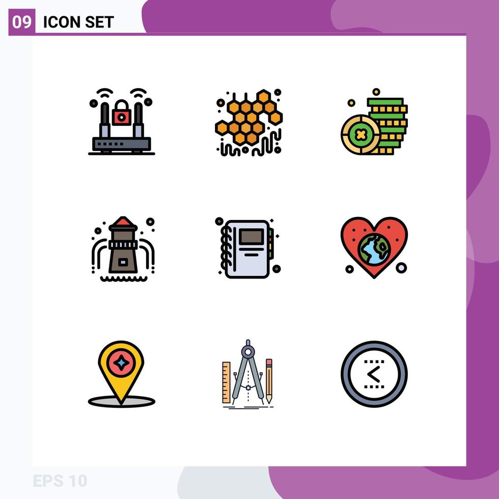 Group of 9 Modern Filledline Flat Colors Set for earth notebook coin education park Editable Vector Design Elements