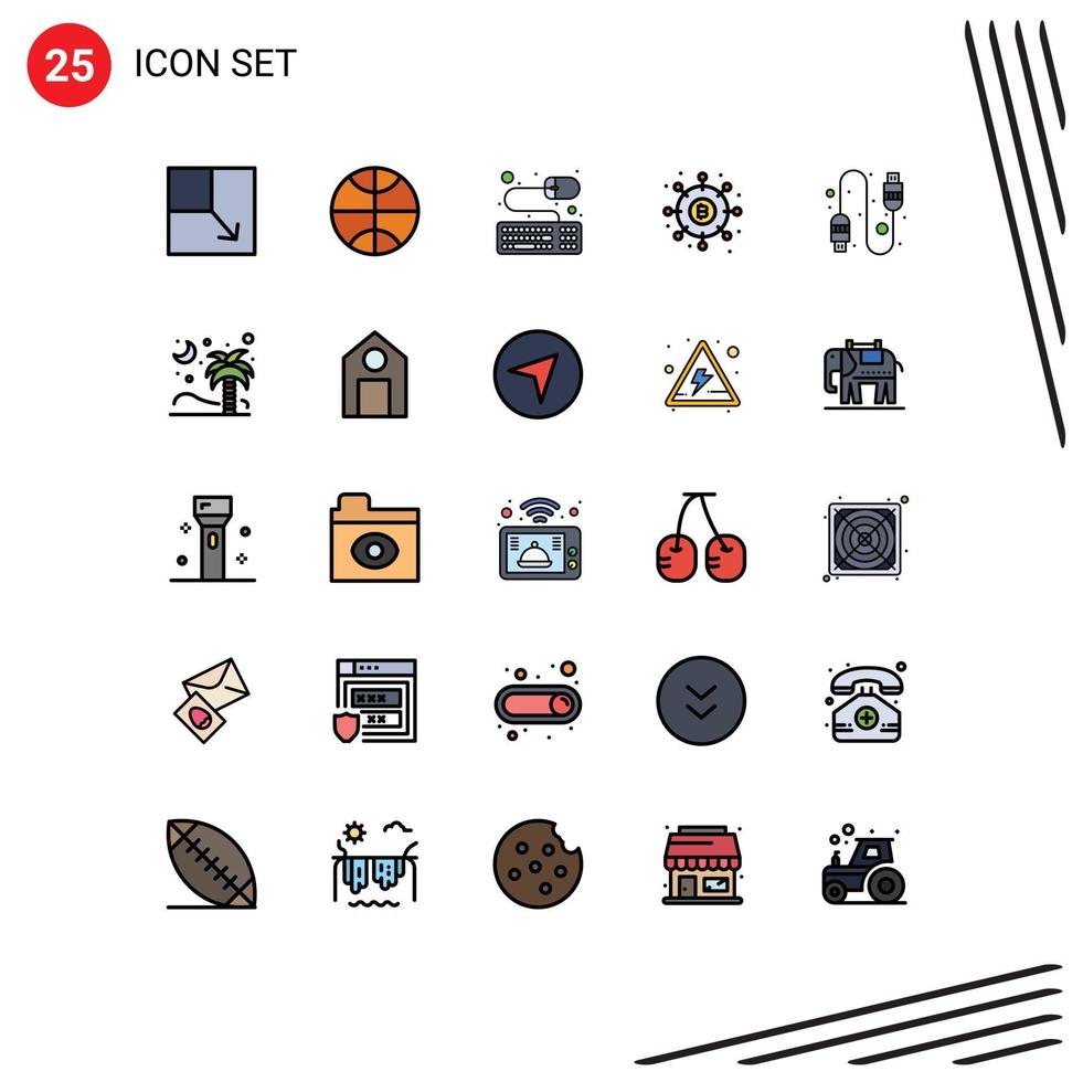 Group of 25 Filled line Flat Colors Signs and Symbols for tree usb distribution connection payments Editable Vector Design Elements
