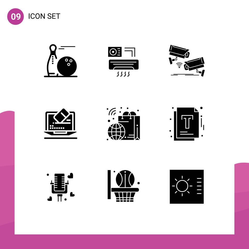 9 Thematic Vector Solid Glyphs and Editable Symbols of screen data room laptop surveillance Editable Vector Design Elements