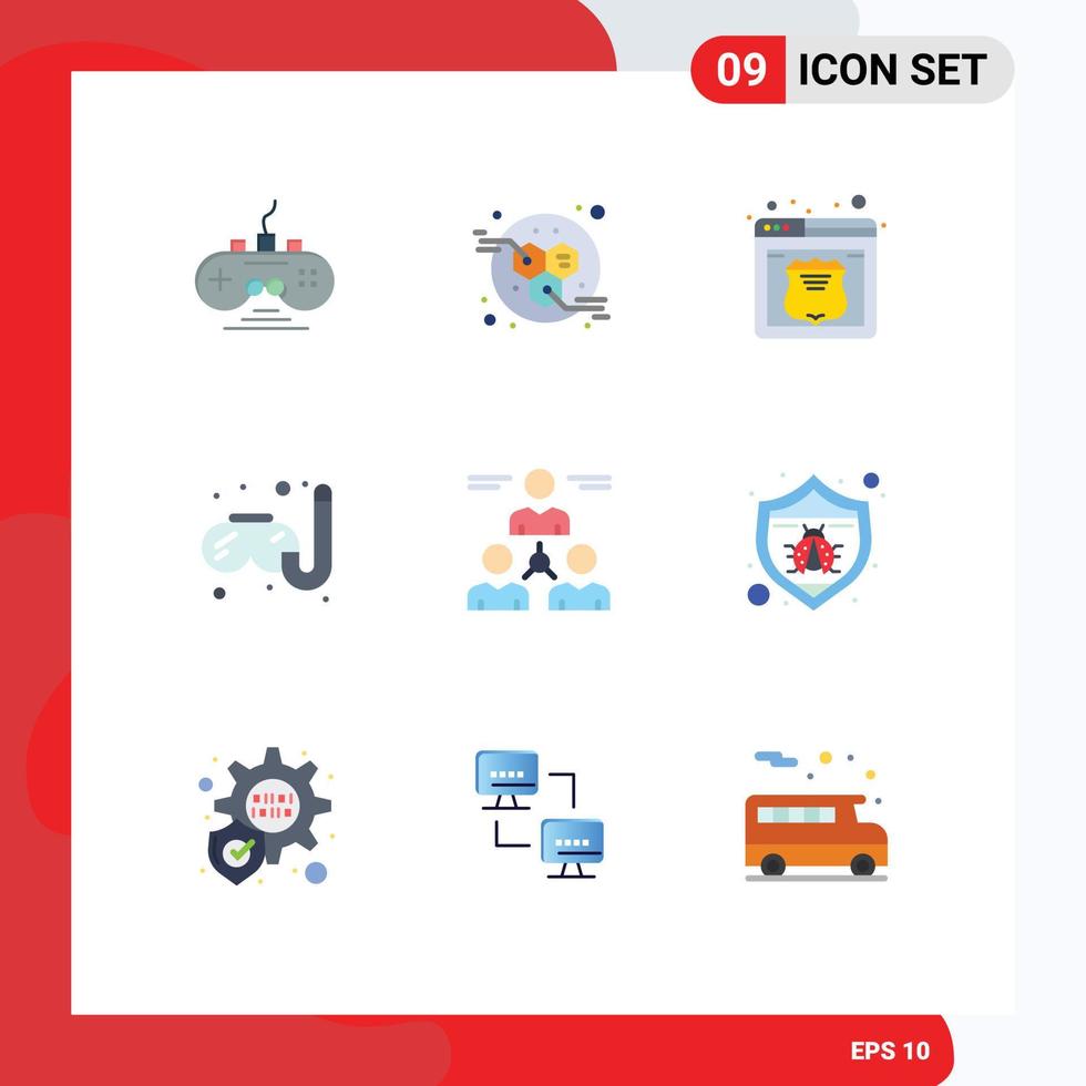 conjunto de colores planos de interfaz móvil de 9 pictogramas de seguridad del usuario del equipo conectar pasatiempos elementos de diseño vectorial editables vector