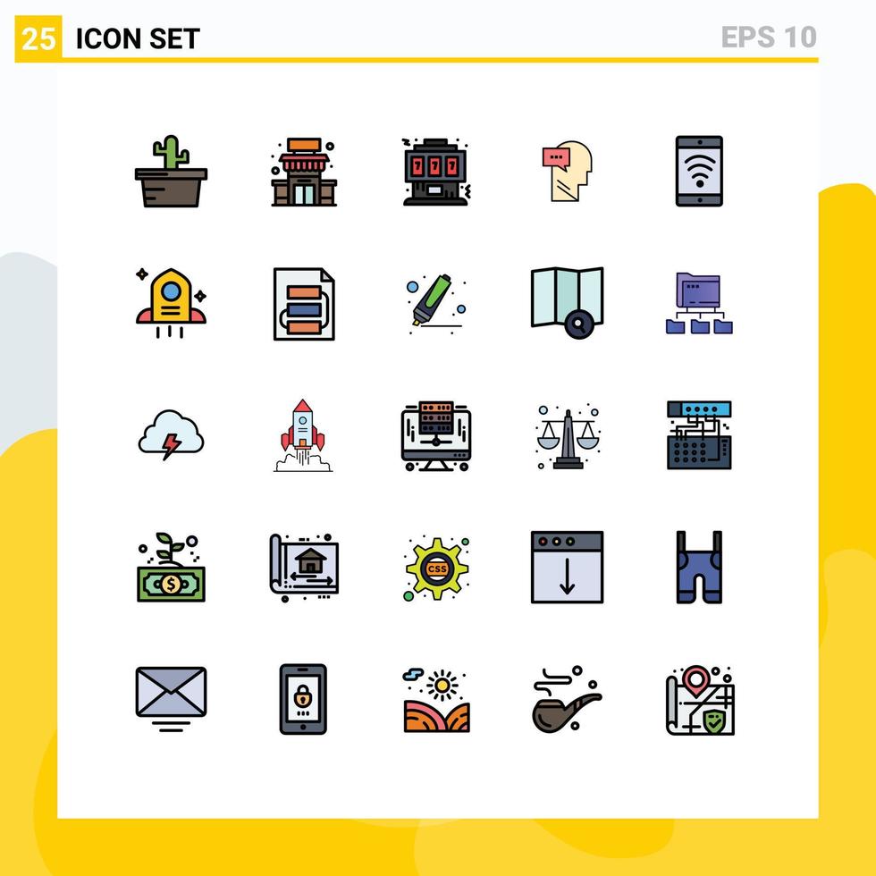 Mobile Interface Filled line Flat Color Set of 25 Pictograms of beach head gaming inner mind Editable Vector Design Elements
