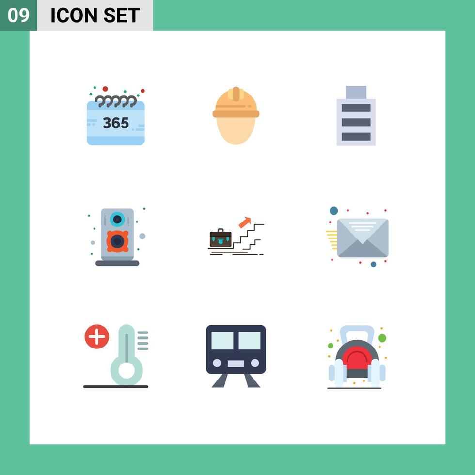 Pack of 9 Modern Flat Colors Signs and Symbols for Web Print Media such as career growth labour speaker audio Editable Vector Design Elements