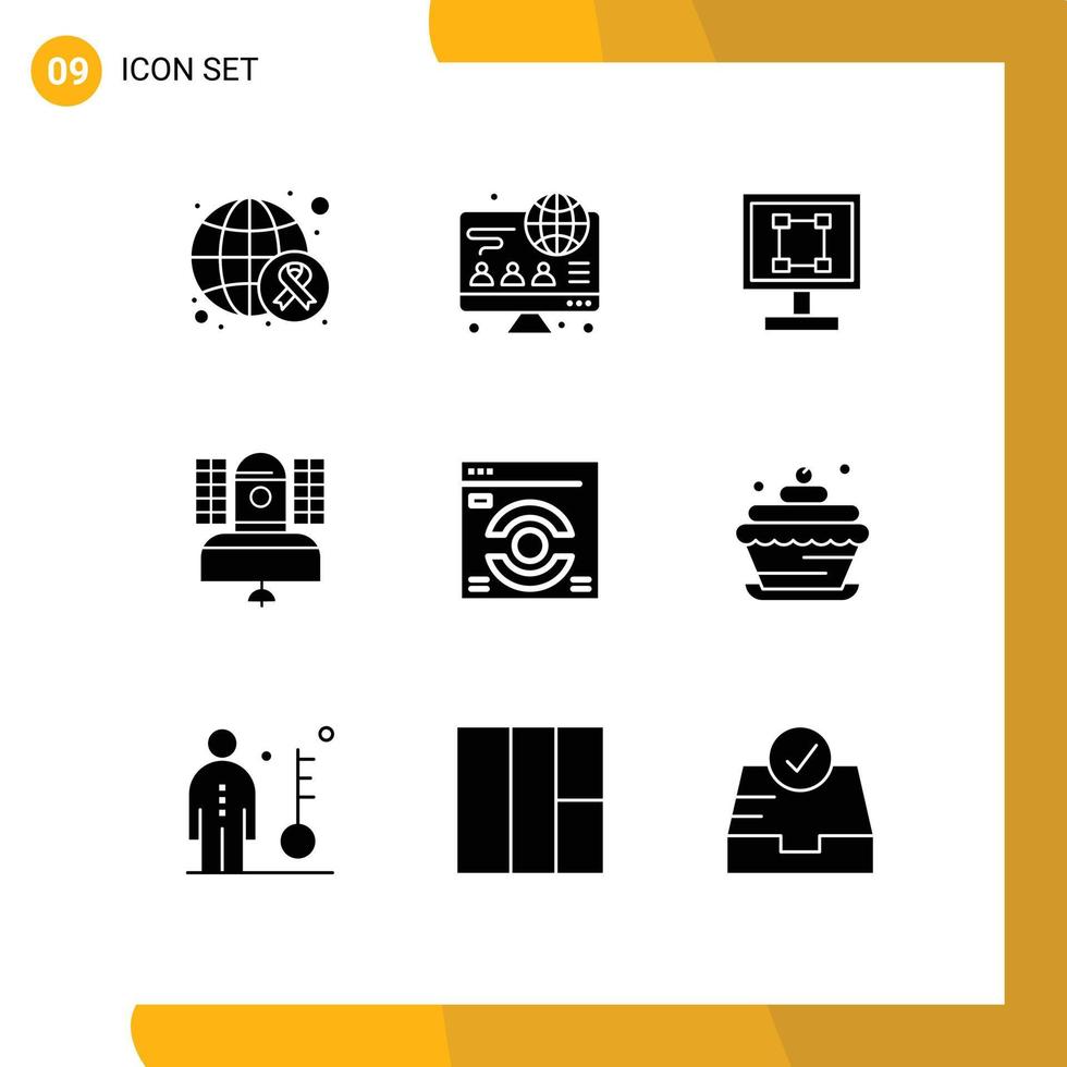 Editable Vector Line Pack of 9 Simple Solid Glyphs of web page communication graphics broadcasting satellite Editable Vector Design Elements